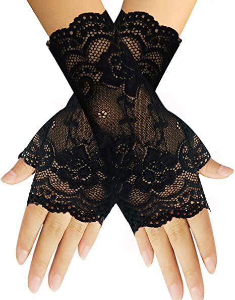 Women Short Lace Gloves Sunblock Fingerless Bridal Wrist Floral Gloves Opera Evening Party Wedding Tea Party Prom Cosplay 1920s Gloves for Ladies and Girls, Black