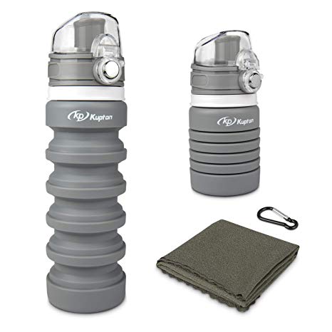 Kupton Portable Travel Water Bottle BPA Free Collapsible Silicone Sports Waterbottle - Leak Proof Foldable Reusable with Carabiner and Cooling Towel, Drinking Bottles for Outdoor/School/Sport