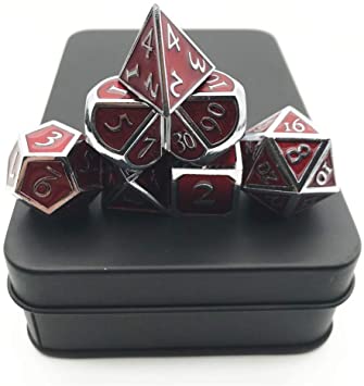 Momostar Solid Polyhedron Dice, Metallic Tweezers for DND RPG,Chrome Color & Blood-red Background.