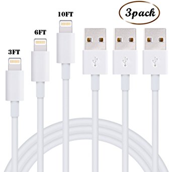 Cordify iPhone Cable 3Pack 3FT 6FT 10FT Lightning Cable Cords Charger 8 Pin USB Sync & Charging Cords Compatible with iPhone 7/7 Plus/6s/6s Plus/6/6 Plus/5s/5c/5/SE, iPad/iPod (White)