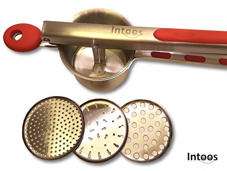 Potato Ricer and Masher, Premium Stainless Steel with 3 Interchangeable Disks, Fruit and Vegetables Press, Baby Food Strainer, Red Silicone Grip Handle by Intoos