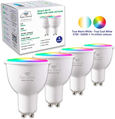 Smart WiFi GU10 RGB W CW Spotlight Bulbs. Compatible with Alexa, Google Home, 16 Million Colours or 50,000 Shades of White. Tunable Lighting. Accurate 2700-6500k. 4.5WLED = 50W. NO HUB Required.