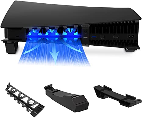 NexiGo PS5 Horizontal Stand with Cooling Fan, [Auto On/Off], [Minimalist Design], Compatible with Playstation 5 Disc & Digital Editions, Built-in LED Light, Extra USB Port, Black