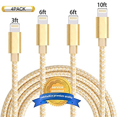 Aonsen iPhone Cable, 4Pack 3FT 6FT 6FT 10FT Nylon Braided Lightning Cable USB iPhone Charger for iPhone 7,6s,6,6 Plus,5,5s,SE,iPad Air,Mini,iPod(Gold)
