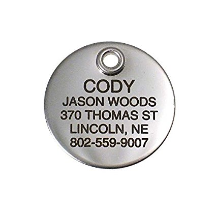 LuckyPet Pet ID Tag - Round - Custom engraved dog & cat ID tags. Pet safety tag has reflective coating and is available in plastic, stainless steel and brass.