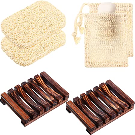 6 Pieces Bamboo Soap Dish Set, 2 Pieces Wood Soap Case and 2 Pieces Soap Saver Pad with 2 Pieces Soap Exfoliating Bag Soap Holder Accessory for Bathroom Kitchen Soap Supplies