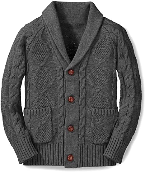 Inorin Boy's Sweater Cardigan Button Down Shawl Collar Cable Knitted Outwear Sweater Coats with Pockets