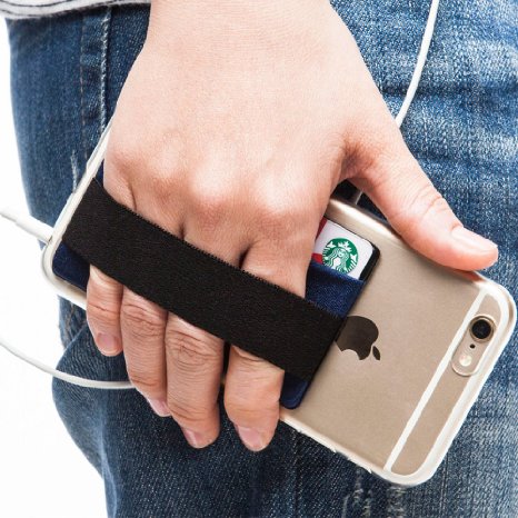 Credit Card Holder with Finger Strap, Sinjimoru Smartphone Grip with Stick-on Wallet / iPhone Wallet Case in Strap Grip. Sinji Pouch Band, Navy.