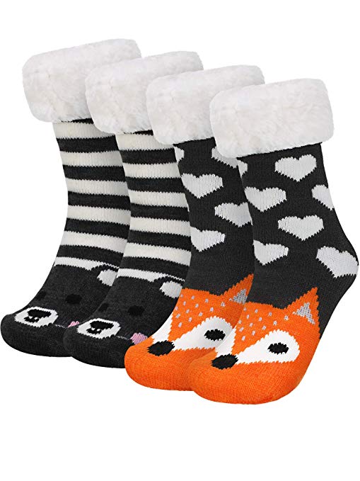 2 Pairs Winter Warm Slipper Socks Cute Animal Pattern Fuzzy Socks for Women