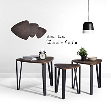 Nest of 3 Tables Wood Coffee Table Set End Side Table With Metal leg, Dark Brown