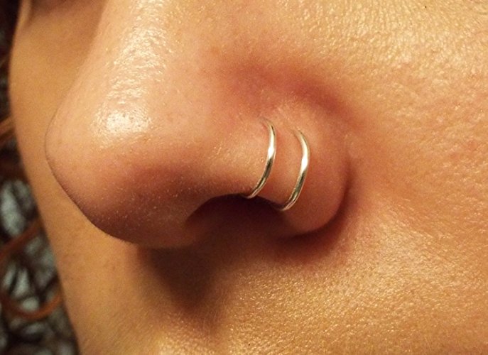 Silver Black or Gold Double Nose Ring Lip Ring Fake Piercing Fake Hoops