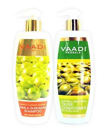 Amla with Shikakai & Reetha Shampoo and Olive Conditioner - ★ Hair Fall & Damage Control Shampoo - ★ ALL Natural - ★ Paraben Free - ★ Sulfate Free - ★ Scalp Therapy - ★ Moisture Therapy - ★ Suitable for All Hair Types - Each Pack of 350ml - Each 11.8 Oz - Vaadi Herbals