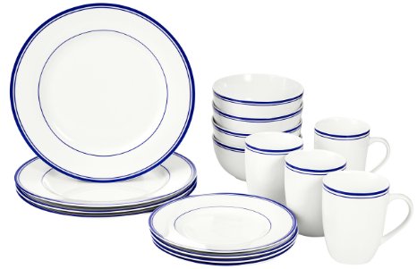 AmazonBasics 16-Piece Cafe Stripe Dinnerware Set, Service for 4 - Blue