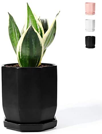 POTEY 050702 Geometric Ceramic Plant Pot Black - 4.9 Inch Planter for Indoor Plants Flower Succulent with Drainage Hole & Saucer(Plant NOT Included)