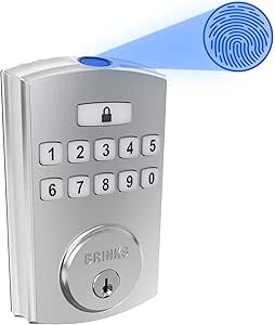 Brinks Fingerprint & Keypad Electronic Door Lock with Deadbolt, High-Security Keyless Entry Smart Lock for Front Door, Up to 50 User Codes, Automatic Locking, Satin Nickel