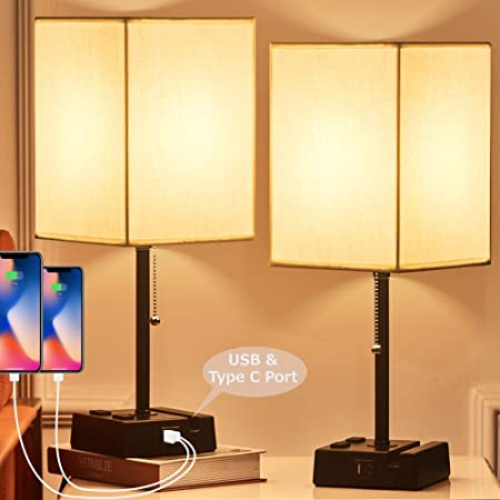 ZEEFO USB Table Lamp, Modern Design Bedside Lamps Built-in USB & Type C Charging Ports & 2-Prong AC Outlets & Phone Stand, Nightstand Lamps with White Fabric Lampshade Ideal for Bedroom (2 Pack)