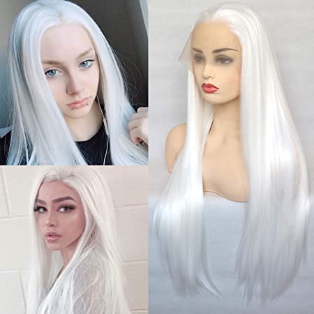 BLUPLE Long Straight Lace Front Wigs #1001 Platinum White Natural Heat Resistant Synthetic Hair Half Hand Tied Wigs for Cosplay Daily Wear (22 inches, Straight,White)