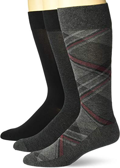 Amazon Brand - Buttoned Down Men's 3-Pack Pima Cotton Pattern Dress Socks, Diagonal Plaid/Grey Stripe/Black Solid, Shoe Size: 12-16