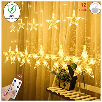 Star Curtain Lights, 6.5 Ft 12 Stars 12 Strings LED Fairy String Lights, 8 Flashing Modes Window Lights, Indoor Outdoor Waterproof Fairy Lights for Home Christmas Wedding Party Garden Decorations