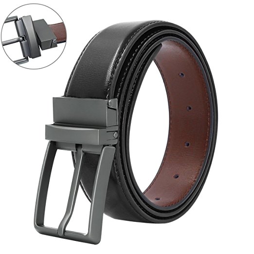 Men's Genuine Leather Dress Belt Reversible with Single Prong Rotated Buckle Gift Box