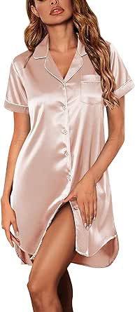 Ekouaer Women's Satin Nightshirt Button Down Sleepshirt Silk Short Sleeve Nightgown Boyfriend Notch Collar Sleepwear