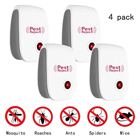 PESKI Pest Control Ultrasonic Repeller [4 Pack] - Electronic Repellent Plug In for Mosquitoes, Insects, Spiders, Mices, Roaches, Bugs, Flies, Fleas & Ants - Gray