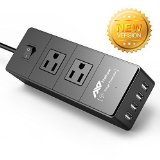 FlePow Portable Power Strip Surge Protector Travel Charger with 2 AC Plugs and 4 USB Charger Ports for iPhone iPad Samsung Google Phone HTC and Smartphone Tablet 5 Feet Black