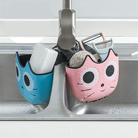 QTMY 2 PACK Cat Sponge Holder Basket with Buckle,Sink Faucet Caddy Hanging Drain Rack, Gadget Soap Brush Desk Pen Organizer for Kitchen Bathroom,Pink Blue