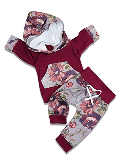 Newborn Baby Girl Clothes Long Sleeve Hoodie Sweatshirt Top  Kangero Pocket  Floral Pant Outfits Set