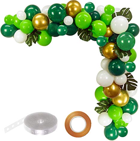 FUNPRT Jungle Party Balloon Garland Kit - Metallic Gold Green White Latex Balloons with Palm Leaf.100 Count