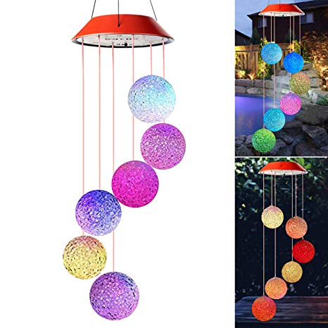 Wind Chimes Outdoor,Solar Color Changing LED Light Lamp Six Balls Mobile Romantic Wind-Bell for Home, Party, Festival Decor, Night Patio Yard Garden Decoration(Crystal Ball)