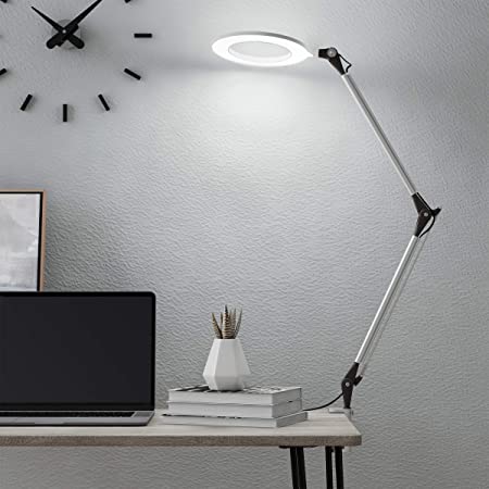 Lavish Home 72-LMPEC-1 Swing Arm Architect Task Lamp with Clamp, LED Ring Stepless Dimming-High CRI 95-Eye Friendly Light for Reading, Drafting & Office, Silver