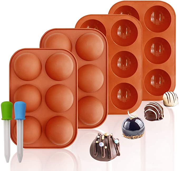 Silicone Molds, 6 Holes Semi Sphere Chocolate Molds, 4 Pack Silicone Baking Mold for Making Hot Chocolate Bombs, Cake, Jelly(Comes with 2 Droppers)