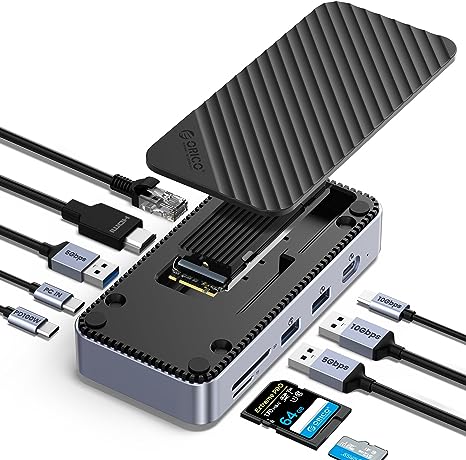 ORICO 10-in-1 USB-C Docking Station, USB C NVMe Hub Compatible M.2 SSD 2230/2242/2260/2280, 10Gbps USB 3.2 M.2 NVMe/SATA SSD Reader Adapter, Support 4K@60Hz HDMI, 100W PD, SD/TF, Ethernet-DPM2P9