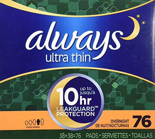 Always Ultra Thin Overnight Pads With Wings, Unscented, 76 Count