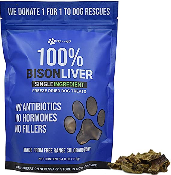 Max and Neo Freeze Dried Bison Liver Dog Treats - Single Ingredient, Free Range North American Bison, Human Grade - We Donate 1 for 1 to Dog Rescues for Every Product Sold