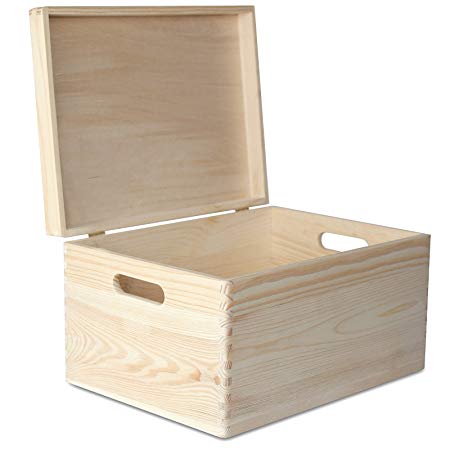XXL Large Wooden Box Storage Chest Toy Wood Plain | 39 x 29 x 22 cm | Unpainted Keepsake with Lid to Decorate | with Handles | Perfect for Documents, Valuables & Tools
