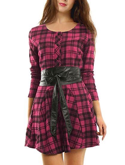 Allegra K Women Plaids Long Sleeves Single Breasted Belted A Line Dress