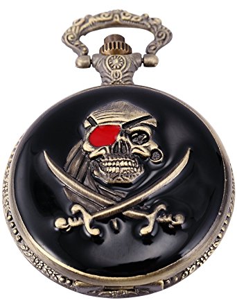 AMPM24 Men's WoMen's Retro Skull Pirate Black Copper Pocket Quartz Fob Watch WPK109