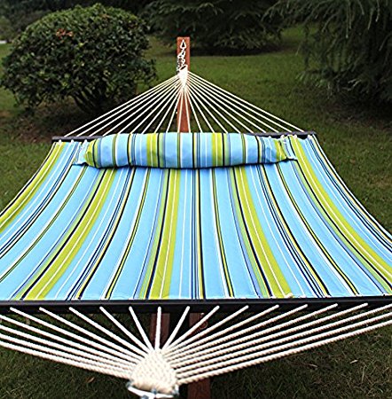 SUPER DEAL Upgraded Quilted Fabric Hammock with Pillow, Double Hammock with Wood Spreader Bars, Perfect for Outdoor Patio Yard, Green Stripes