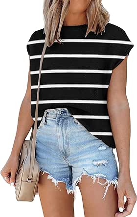 Womens Cap Sleeve Sweater Vest Summer Tops Sleeveless Tank Tops 2024 Trendy Spring Clothes Striped Short Sleeve Shirts