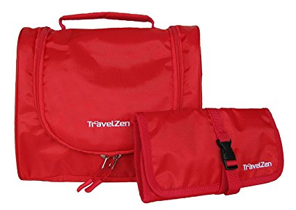 TravelZen Flexible Travel Toiletries Kit, A 2 in 1 Hanging Toiletry Bag with Multi Use Wallet. Organize any bathroom for make up or shaving (Red)
