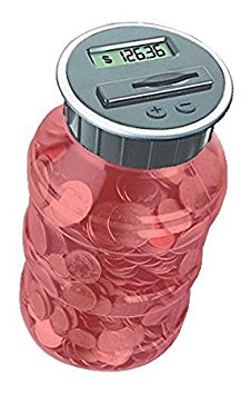 Digital Coin Bank Savings Jar by DE - Automatic Coin Counter Totals all U.S. Coins including Dollars and Half Dollars - Original Style, Transparent Red