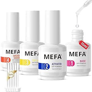 MEFA Dip Powder Liquid Set 4 Pcs 15ml Base/Top Coat, Activator, Brush Saver with 5 Replacement Liquid Brushes for Dipping Powder Nail Kit No Nail Lamp Needed for Gel Nail Art