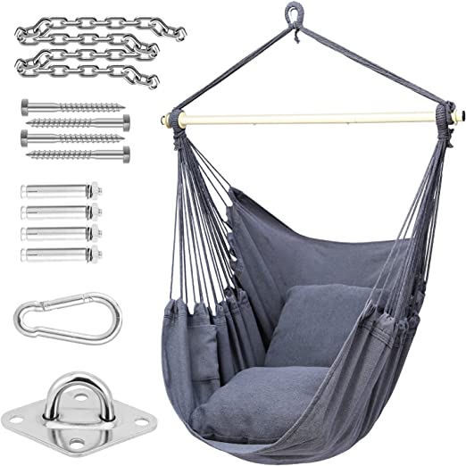 Hammock Chair Swing with Hardwares, Ohuhu XL Portable Hanging Chairs with Cushions Installation Kit Detachable Metal Support Bar Side Pocket for Indoor Outdoor Patio Bedrooms Teen Girls Room Decor