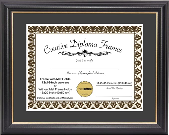 Creative Picture Frames 12x16 Black Diploma Frame with Gold Lip Black Mat Glass and Installed Wall Hangers | Frame Holds 16x20 Media Without Mat
