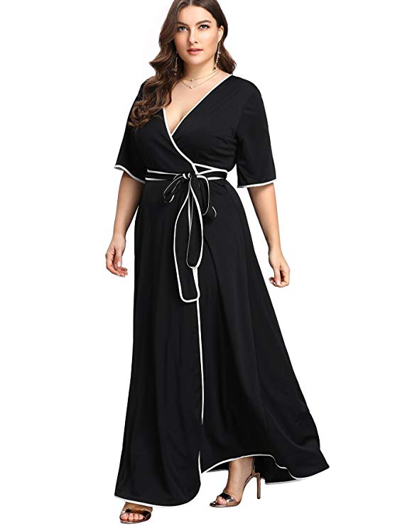 Romwe Women's V Neck Wrap Dress with Belt Cute Maxi Dress