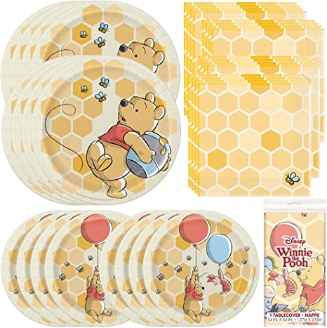 Unique Disney Winnie The Pooh Dinnerware Party Bundle | Luncheon Napkins, Dinner & Dessert Plates, Table Cover | Great for Themed Parties, Kid's Birthday, Halloween - Officially Licensed by Unique