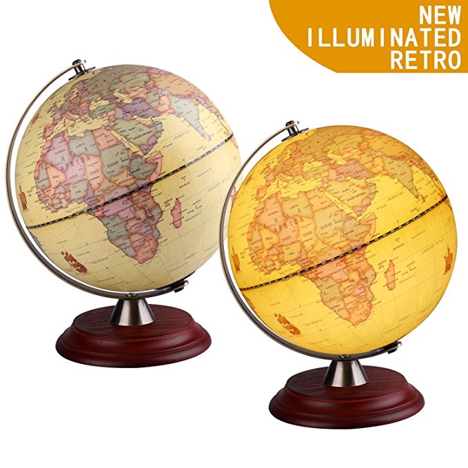 Illuminated World Globe for Kids with Wooden Stand,Built in LED for Illuminated Night View，Perfect Gift Antique Globe for Home Décor and Office Desktop
