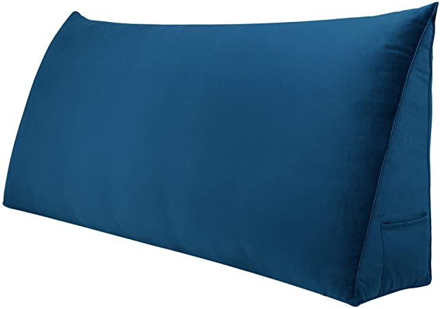 WOWMAX Large Bolster Triangular Positioning Support Reading Backrest Wedge Pillow for Headboard for Day Bed Bunk Bed with Removable Cover Velvet Deep Blue Queen